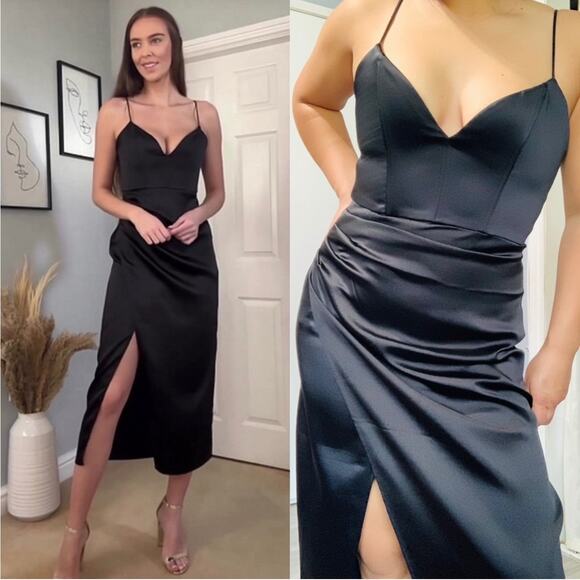 Zara Dresses & Skirts - ZARA Corset Satin Effect Midi Dress Sweetheart Faux Wrap Spaghetti Strap, Black